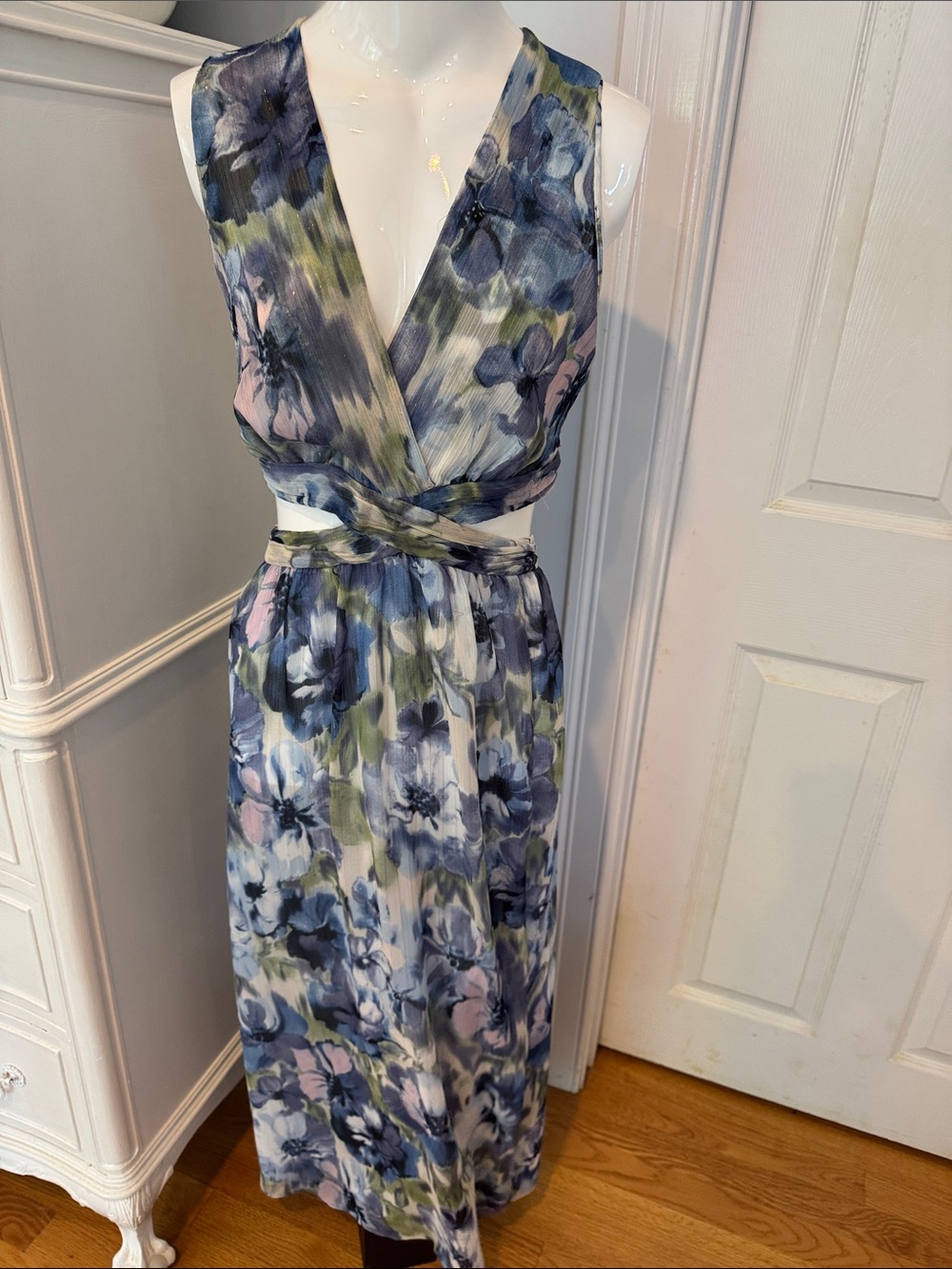 Floral lurex chiffon sundress with cutouts